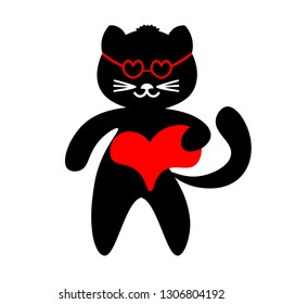 Black cat with red heart on white background. Sign, symbol, Valentine.
