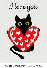 Black cat and red heart on a gray background with polka dots. Winter holiday card for Valentine's Day. Printing illustrations on poster, textiles, clothing, gliders. Vector graphics.