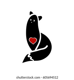 Black cat with red heart on a white background, a black silhouette. Vector illustration