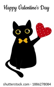 Black cat and a red heart. Valentine's Day greeting card. Pattern for fashion prints on poster. Vector illustration.