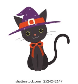Black cat with red ribbon and Halloween hat isolated on white background.