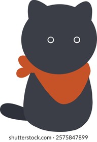 Black cat with red scarf on transparent background