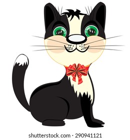 The Black cat with red small bow on neck.Vector illustration