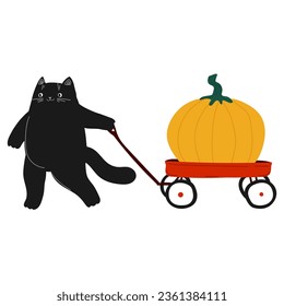 Gato negro con vagón rojo. Halloween Fat lindo Hand dibujó un gato de garabato empujando un carro. Gatito de dibujos animados planos y sonrientes feliz aislado en un fondo blanco.