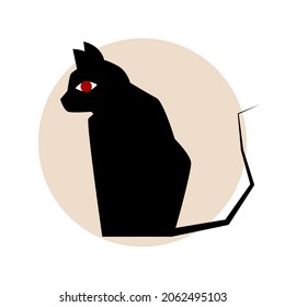A black cat with red-eye sits in profile 