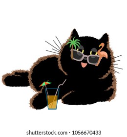 black cat relaxes and drinks a cocktail