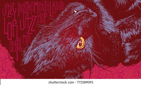 Black Cat Relaxes, Listens To Music And Dreams With Open Eyes. Jazz Design With Hand-Written Fonts and Hand Drawn Background. aspect ratio 16:9. vector illustration