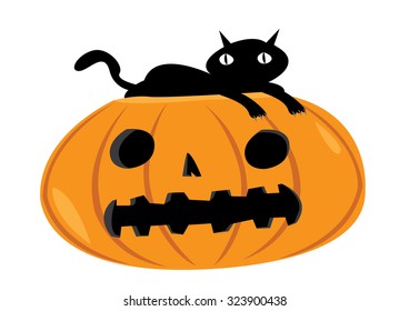 Black Cat Resting on a Pumpkin. Editable Clip Art.