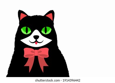 black cat with ribbon isolated on white background copy space,vector illustration