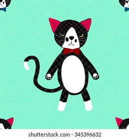 Black Cat with Ribbon on Mint Background. Cute Pattern