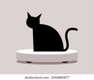 Black Cat Rides on a Vacuum cleaner AI  Robot. Housework. Humor situation. Flat vector cartoon illustration.