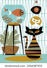 Black cat in the room with a fish in a aquarium. Handmade drawing vector illustration. 1960s retro style poster.