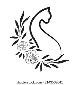 black cat with roses, vector graphics artwork