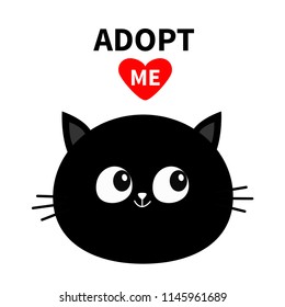 Black cat round face silhouette. Adopt me. Red heart. Pet adoption. Kawaii animal. Cute cartoon kitty character. Funny baby kitten. Help homeless animal Flat design. White background Vector