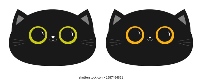 Black cat round head face icon set. Big yellow and green eyes. Small nose, ears. Cute funny cartoon character. Sad emotion. Kitty Whisker Baby pet collection. White background. Flat design. Vector