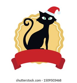 Black cat, Santa Claus hat, Merry Christmas, vector illustration