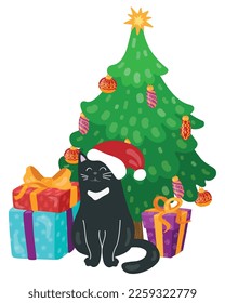 Black cat in Santa Claus hat sits in front of Christmas tree surrounded by gifts. Hand drawn vector illustration. Suitable for website, stickers, postcards.