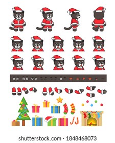 Black cat in Santa Claus outift creation set, various Christmas design elements. Vector illustration bundle