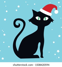 Black cat, Santa Clause hat, Merry Christmas, vector illustration