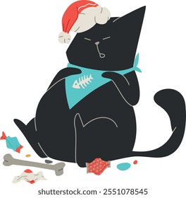 black cat in santa hat and in bib sleeping. candy wrappers and bone around. new year or christmas cute cartoon black fat kitten. winter holidays celebration card. vector illustration isolated.