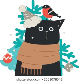 black cat in santa hat with bullfinch on its head. new year or christmas cute cartoon black fat kitten. christmas tree. winter holidays celebration card. vector illustration isolated.