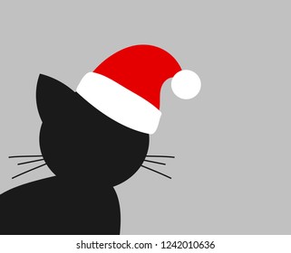 Black cat with Santa hat. Christmas holiday illustration