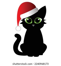 Black cat with Santa hat. Christmas holiday illustration