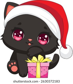 Black Cat With Santa Hat And Gift Christmas Cat Mascot