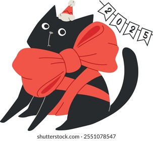 black cat in santa hat and huge red bow knot. new year or christmas cute cartoon black fat kitten. 2025 flags. winter holidays celebration card. vector illustration isolated.