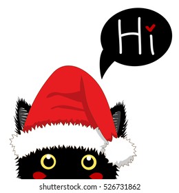 Black Cat with Santa Hat Sneaking. Greeting Card Christmas Day. Vector Illustration. isolated on White Background