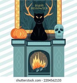 A Black Cat sat on a fireplace with aHalloween pumkin and a scull