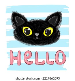 Black cat says hello. Animal greets. Cute Black kitten. Hand-drawn textured vector illustration.