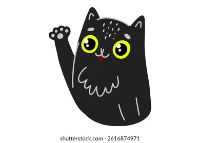Black cat says hello. Cartoon Cat waves his paw. Animal greets. Black Halloween kitten raised his hand. Hand-drawn vector illustration isolated on white background.