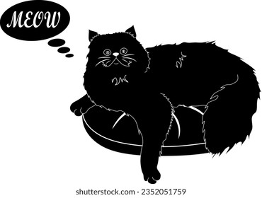 The black cat says "Meow". Cute hand drawn vector illustration with handwritten phrase in bubble isolated on transparent background.