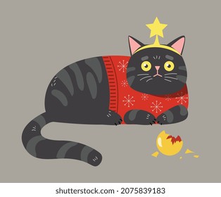 Black cat scared. Fluffy pet smashed New Years toy. Yellow broken ball. Graphic elements for website. Christmas, tree, naughty character. Hat with star, cozy. Cartoon flat vector illustration