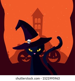 black cat with scary castle in scene of halloween vector illustration design