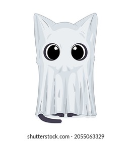 Black cat in a scary ghost costume. Cute kitty playing and fooling around. Adorable funny kitten. Halloween vector illustration.