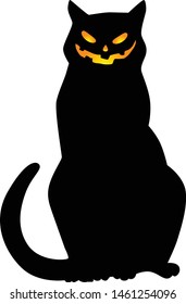 Black cat with a scary smile isolated on white background. Glowing eyes and a sinister smile. Vector illustration.