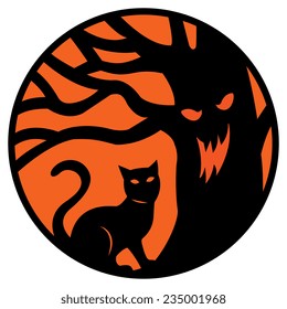 Black cat and scary tree. EPS10