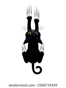 Black cat scratches white background. Cute cartoon character. Vector illustration.