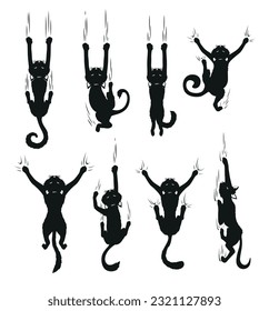 Black cat scratching wall climbing feline silhouette with scratches set vector flat illustration. Comic domestic animal playing kitty with paws crazy peeking kitten Halloween humor decorative element