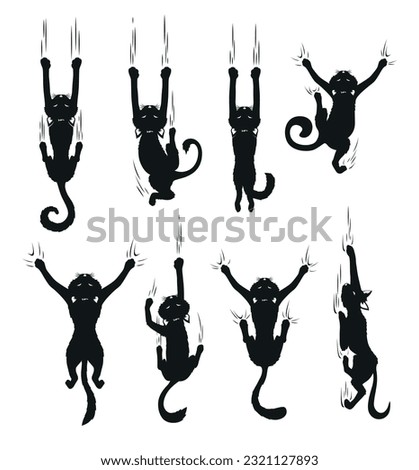 Black cat scratching wall climbing feline silhouette with scratches set vector flat illustration. Comic domestic animal playing kitty with paws crazy peeking kitten Halloween humor decorative element