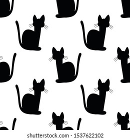 black cat seamless doodle pattern, vector illustration