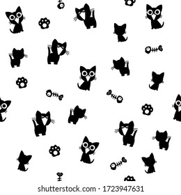 Black cat seamless hand drawing pattern , white background . Abstract texture. Wrapping paper or fabric