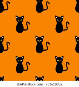 Black Cat Seamless on Orange Background. Vector Illustration.