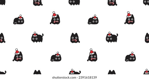 black cat seamless pattern Christmas Santa Claus hat candy cane munchkin kitten calico neko vector pet cartoon doodle gift wrapping paper tile background illustration repeat wallpaper isolated design