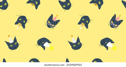 Black cat seamless pattern. Cute kitty head of russian blue and british shorthair repeating texture. Different cute animals faces vector illustration. Adorable wrapping paper template. 