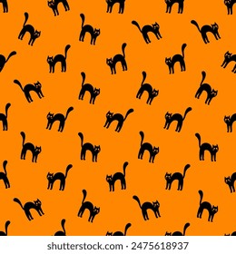 Black cat seamless pattern. Cute Halloween print with angry cats on orange background.