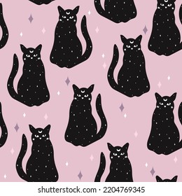 Black cat seamless pattern. Halloween background.