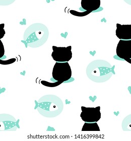Black cat seamless pattern. hand drawn with  hearts and fish, cute animal on white background. Vector illustration